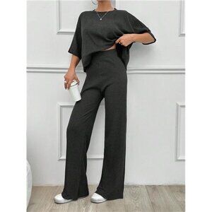 Simple Summer Solid Loose Drop Shoulder Short Sleeve Top And Straight Pants